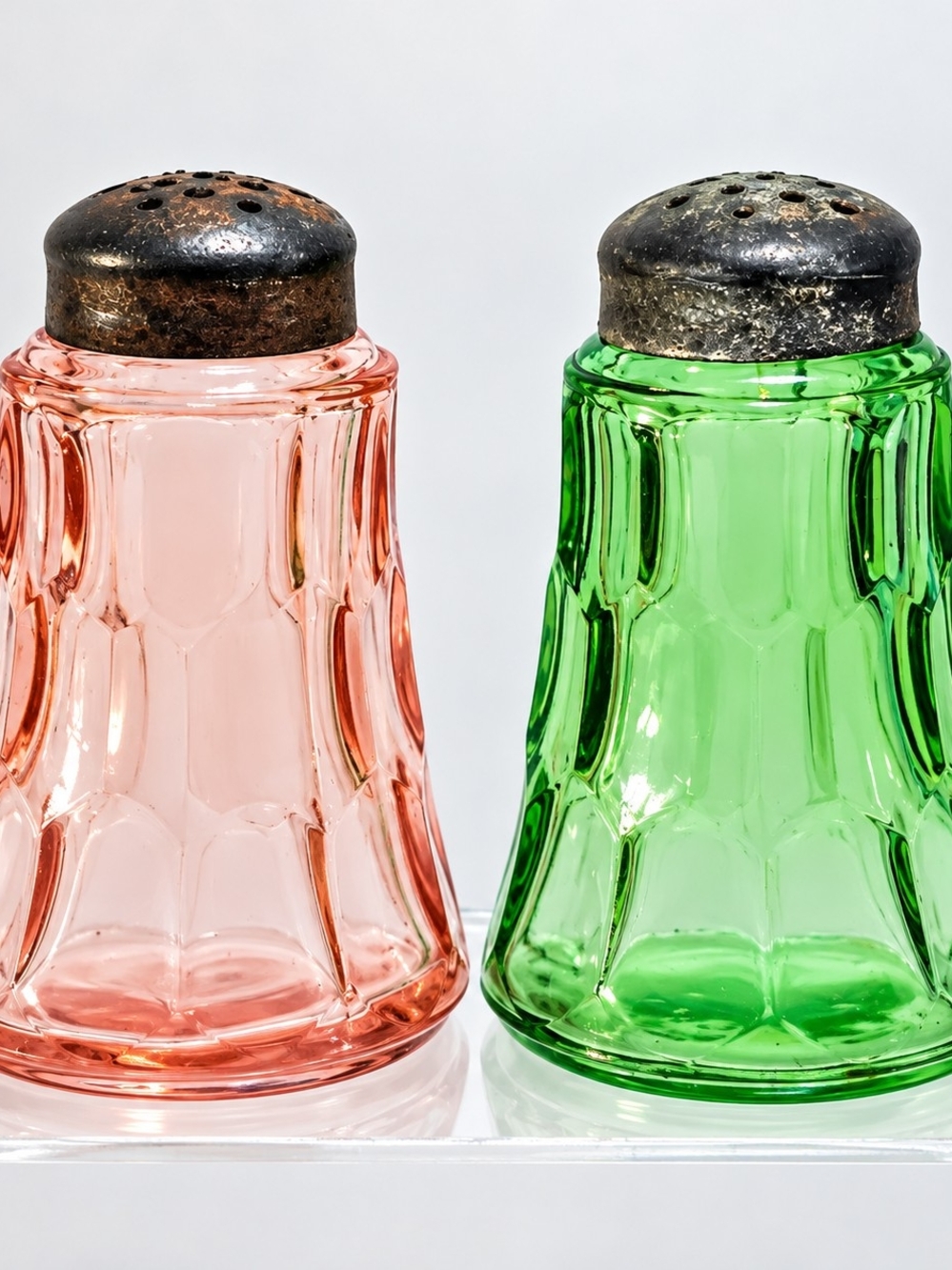 Vintage 1930 Jeannette Hex Optic Salt Shakers Pink & Green Depression Glass 3"